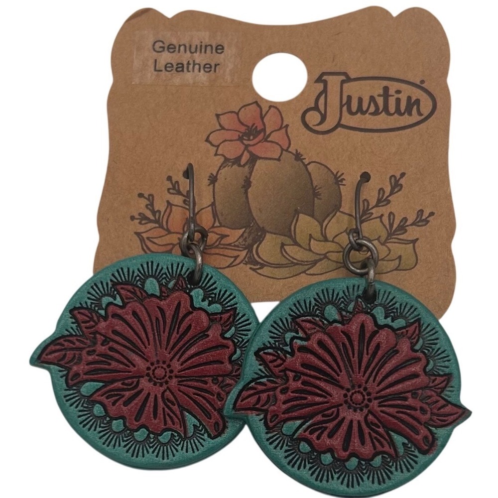 Justin Genuine Leather Tooled Floral Drop Earrings Turquoise Red Southwestern
